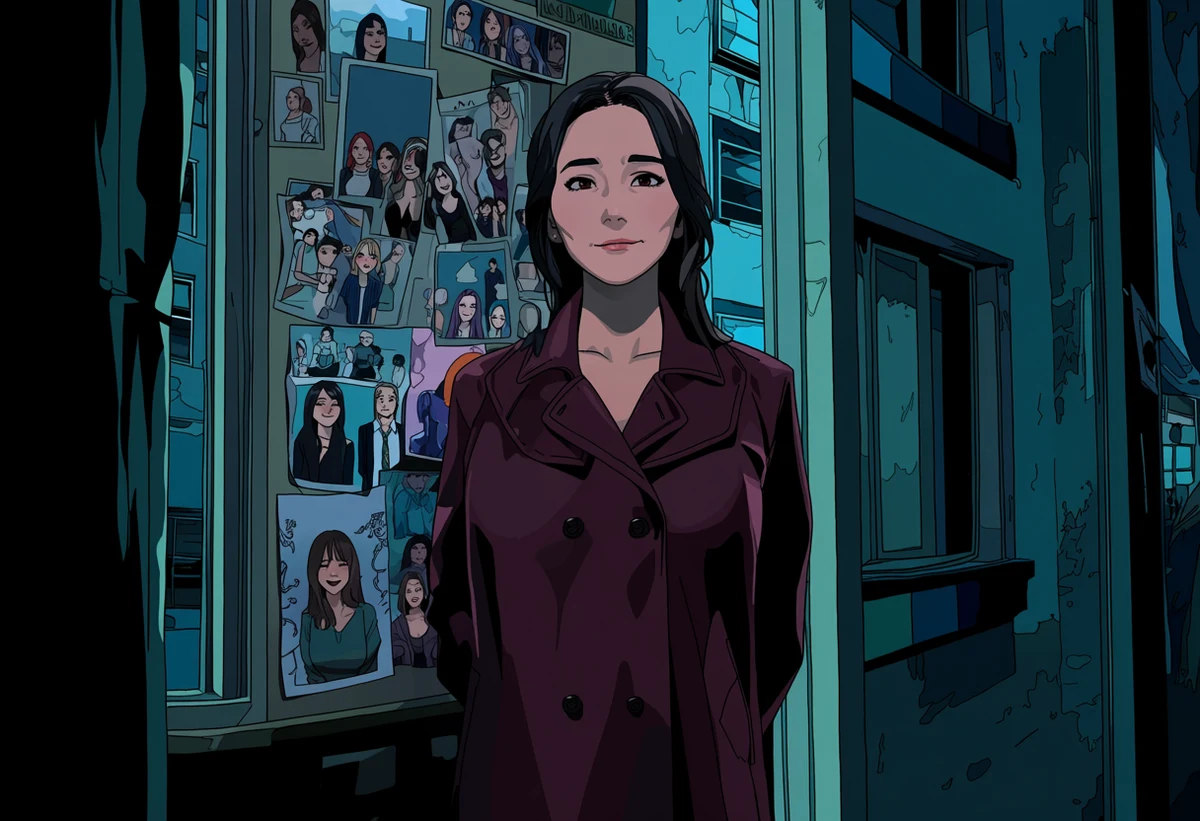 an adult female detective age 37 in a burgundy trench coat at a rain-lit apartment window, case photos pinned behind her, cyan and magenta noir light, adult mystery manhwa art style