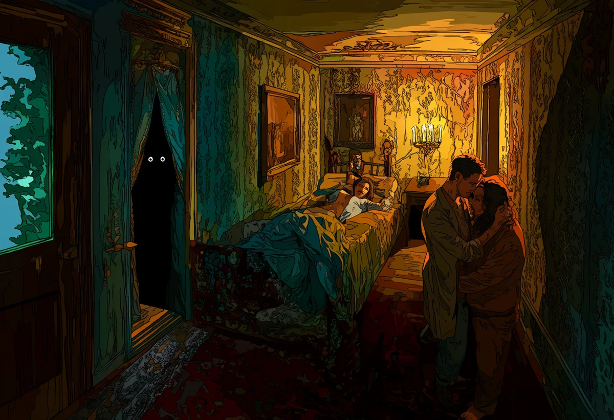 an adult couple age 35 and 37 holding each other in a dark decaying mansion bedroom as something unseen waits in the corridor, a guttering candle, adult horror manhwa art style