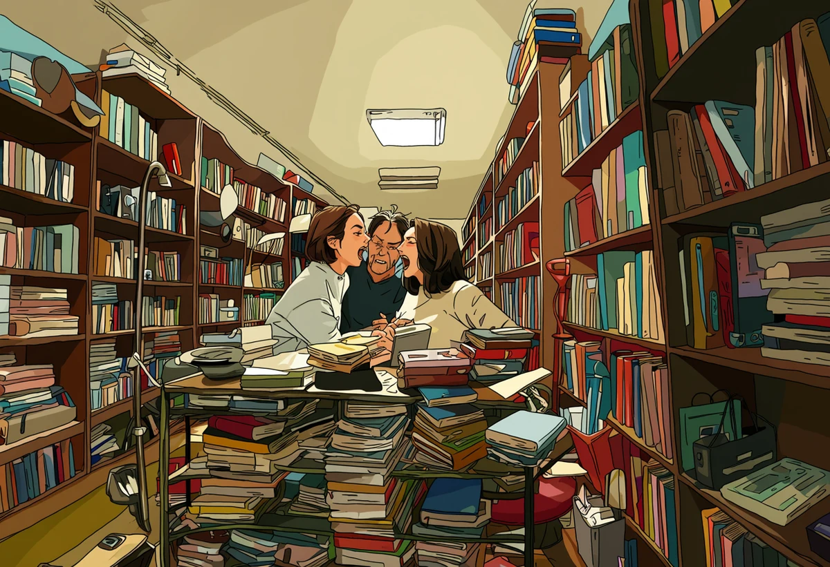 an adult couple age 35 and 39 arguing amiably over shelf order in a cluttered flat, books stacked on the floor, a lamp on, adult slice of life manhwa art style