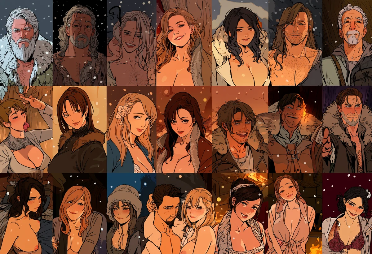 an adult reincarnated couple age 37 and 33 in a snowbound otherworld cottage, firelight and furs, a life rebuilt from nothing, adult isekai manhwa art style