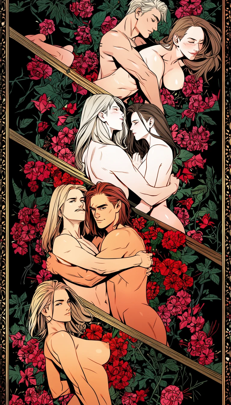 an adult couple age 32 and 34 embracing nude among scattered ink-drawn flowers, one full-bleed comic splash page, decorative border, dramatic diagonal composition, adult hentai comic art